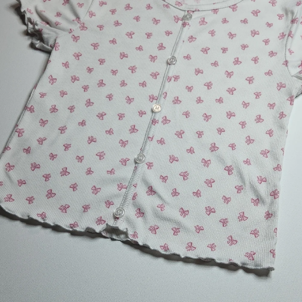 Glitter Girl Girls L 10/12 White Pink Bow Print Button Front Short Sleeve Top